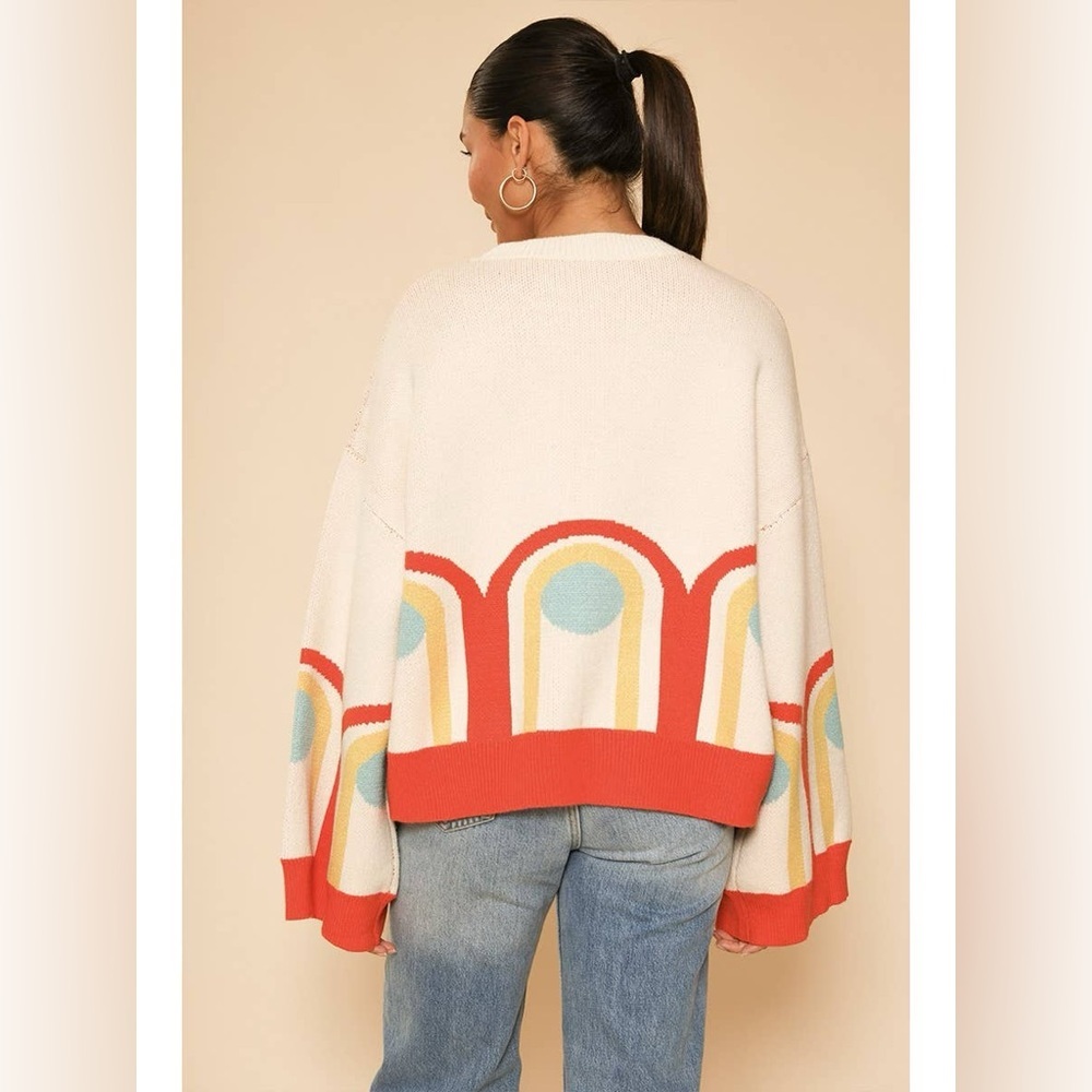 Miss Sparkling Oversized RETRO Women's Cream Rainbow-Pattern Crewneck Sweater - Picture 2 of 10